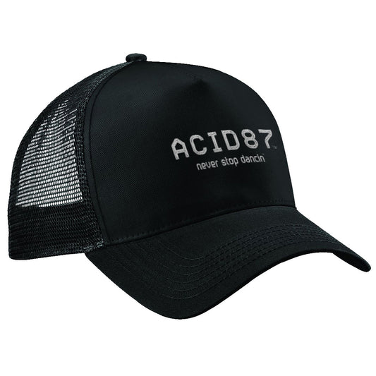 Acid87 Never Stop Dancing White Embroidered Logo Suede Snapback Trucker Cap