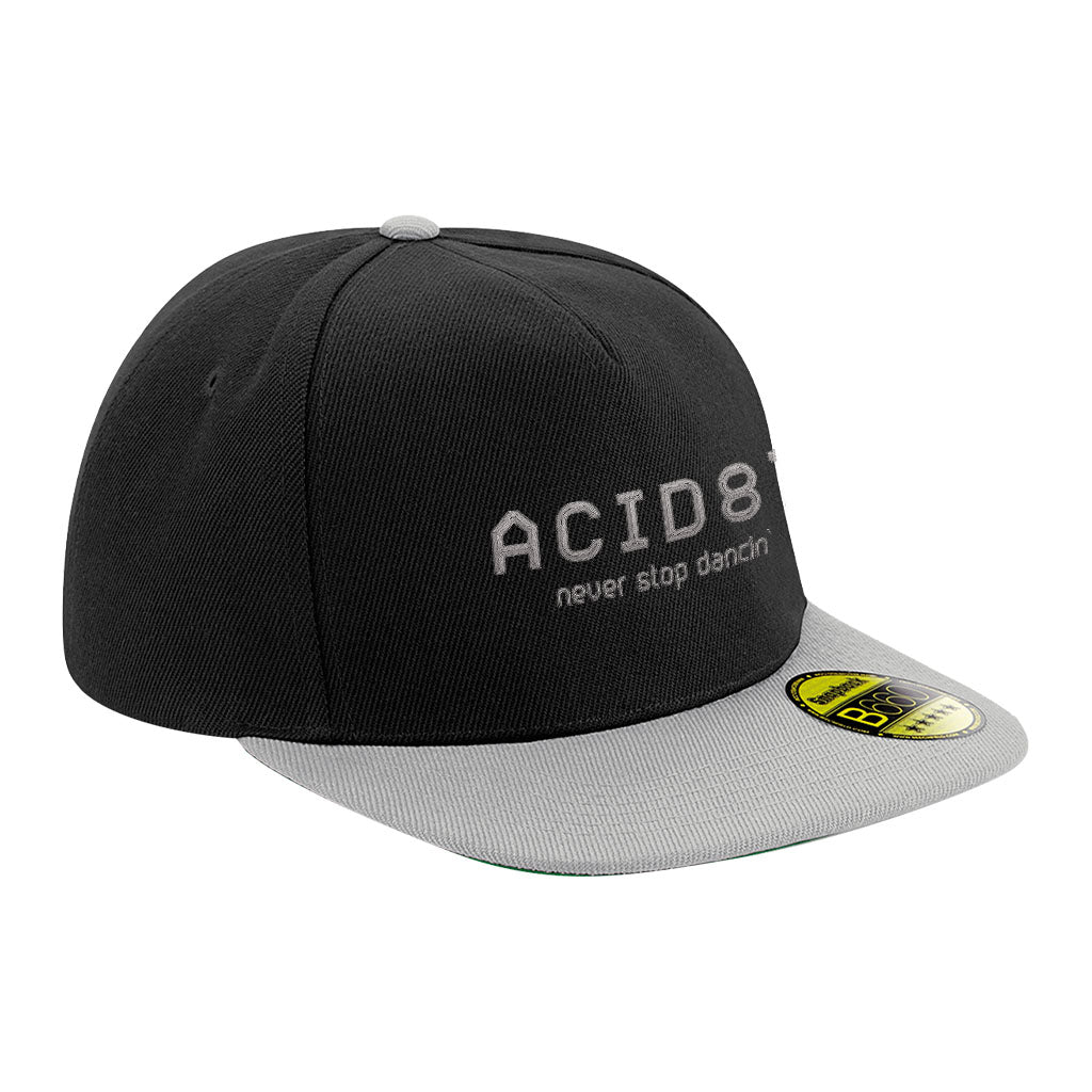 Acid87 Never Stop Dancing Grey Embroidered Logo Flat Peak Snapback Cap