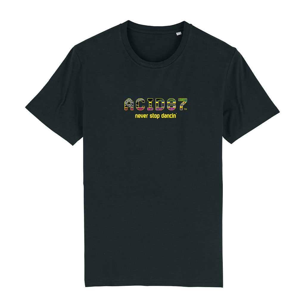 Acid87 Never Stop Dancin Large Yellow Glitch Logo Unisex Organic T-Shirt